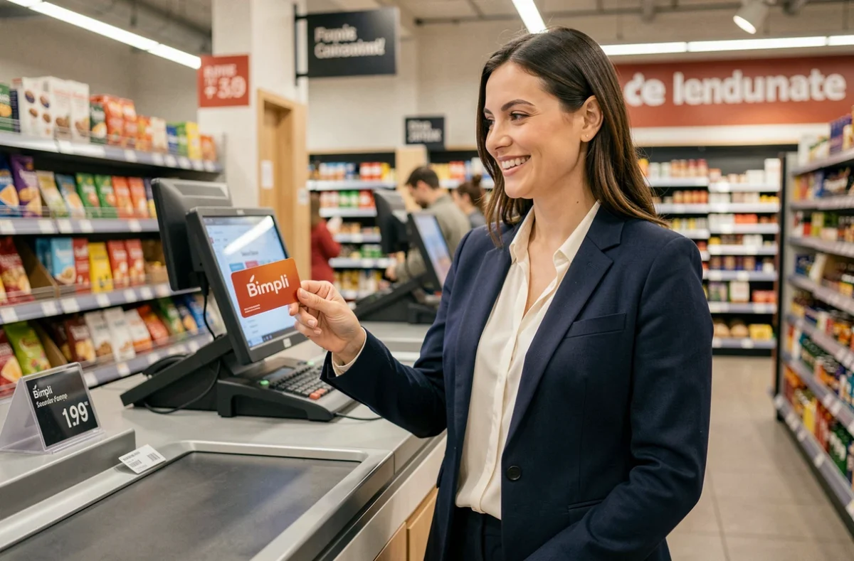 Femme utilisant une carte cadeau Bimpli CADO à la caisse d'un supermarché partenaire en France