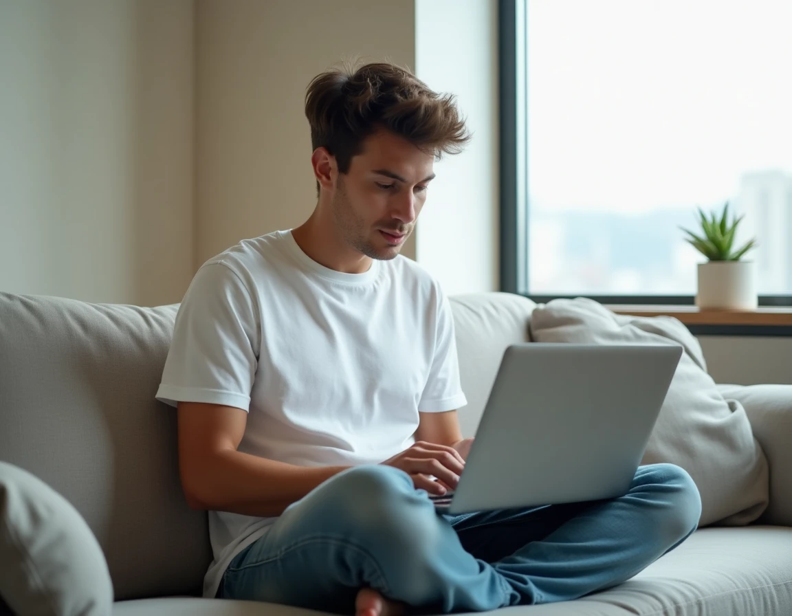 Jeune adulte vérifiant sur ordinateur portable les transactions de son compte Nickel pour s'assurer qu'un virement est bien arrivé